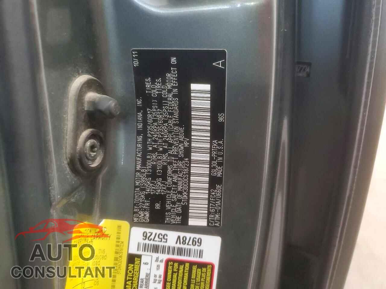 TOYOTA SIENNA 2012 - 5TDKK3DC0CS187234