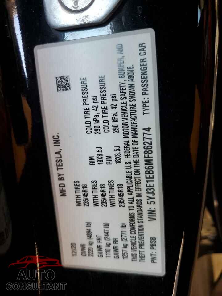 TESLA MODEL 3 2021 - 5YJ3E1EB6MF862774