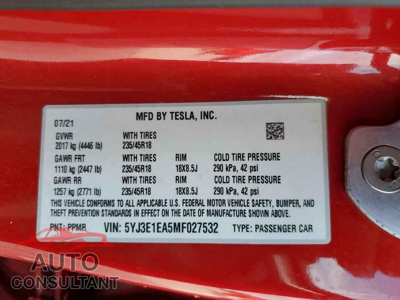 TESLA MODEL 3 2021 - 5YJ3E1EA5MF027532