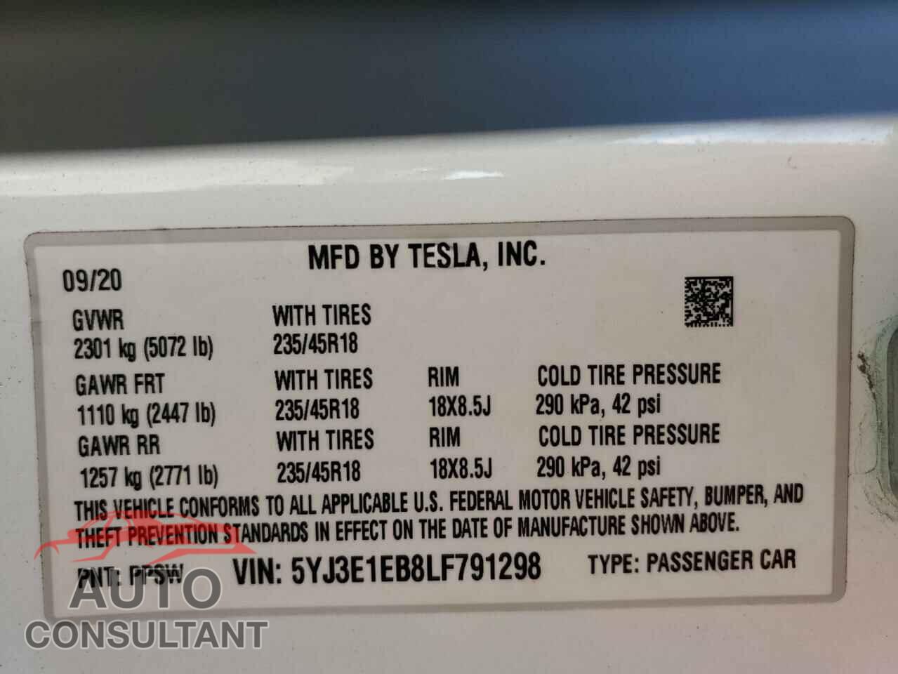 TESLA MODEL 3 2020 - 5YJ3E1EB8LF791298