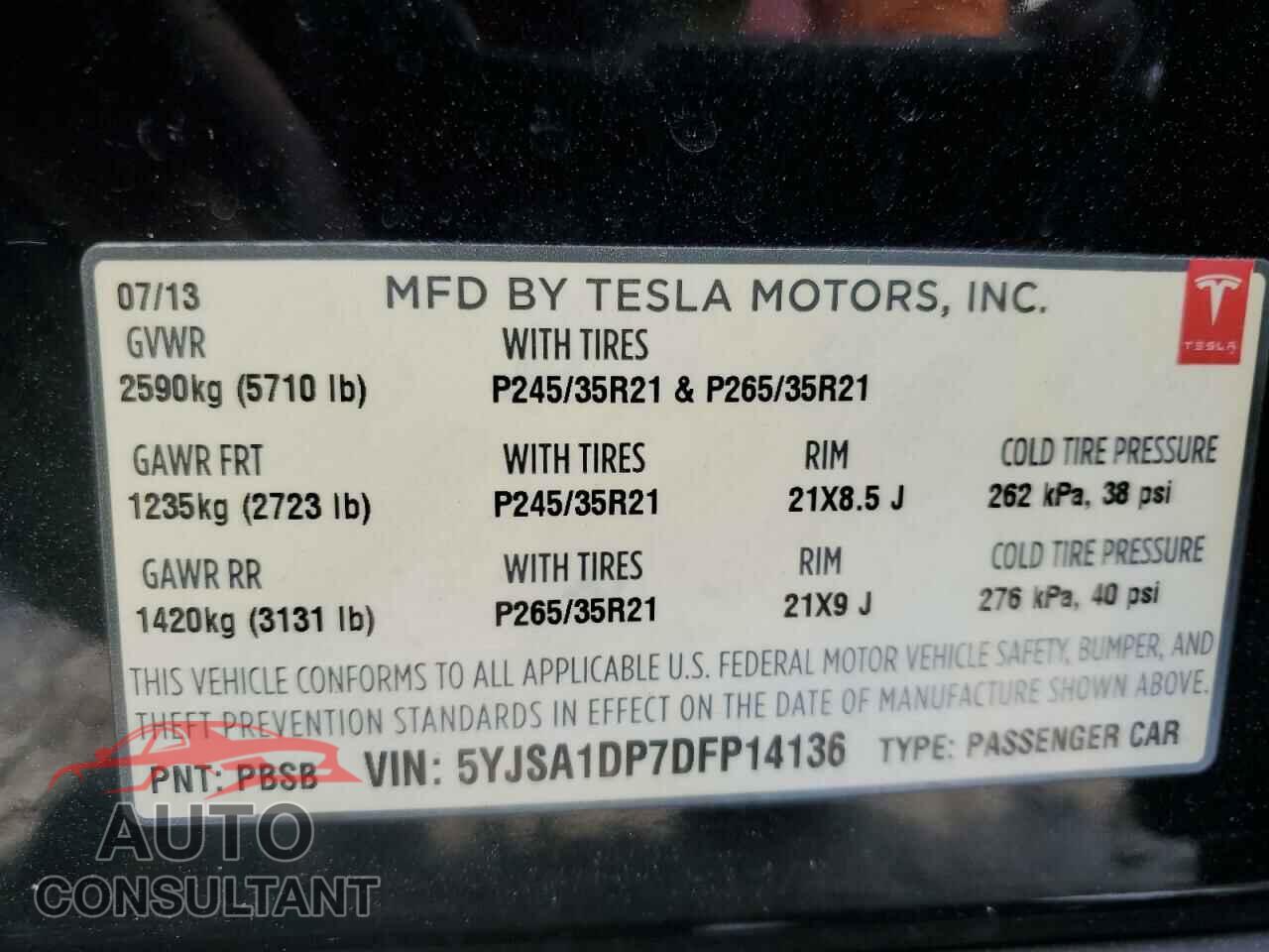 TESLA MODEL S 2013 - 5YJSA1DP7DFP14136