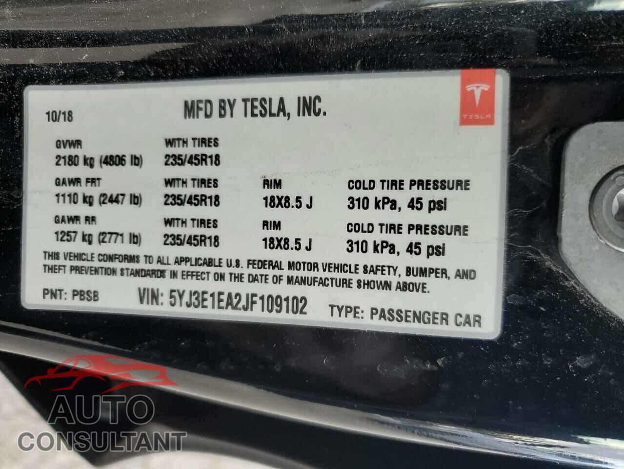 TESLA MODEL 3 2018 - 5YJ3E1EA2JF109102