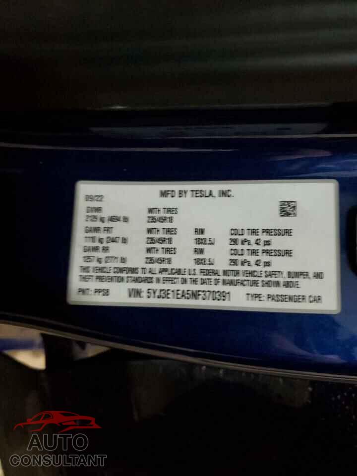 TESLA MODEL 3 2022 - 5YJ3E1EA5NF370391