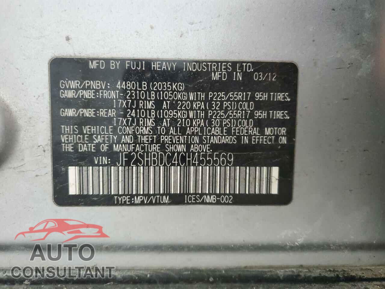 SUBARU FORESTER 2012 - JF2SHBDC4CH455569