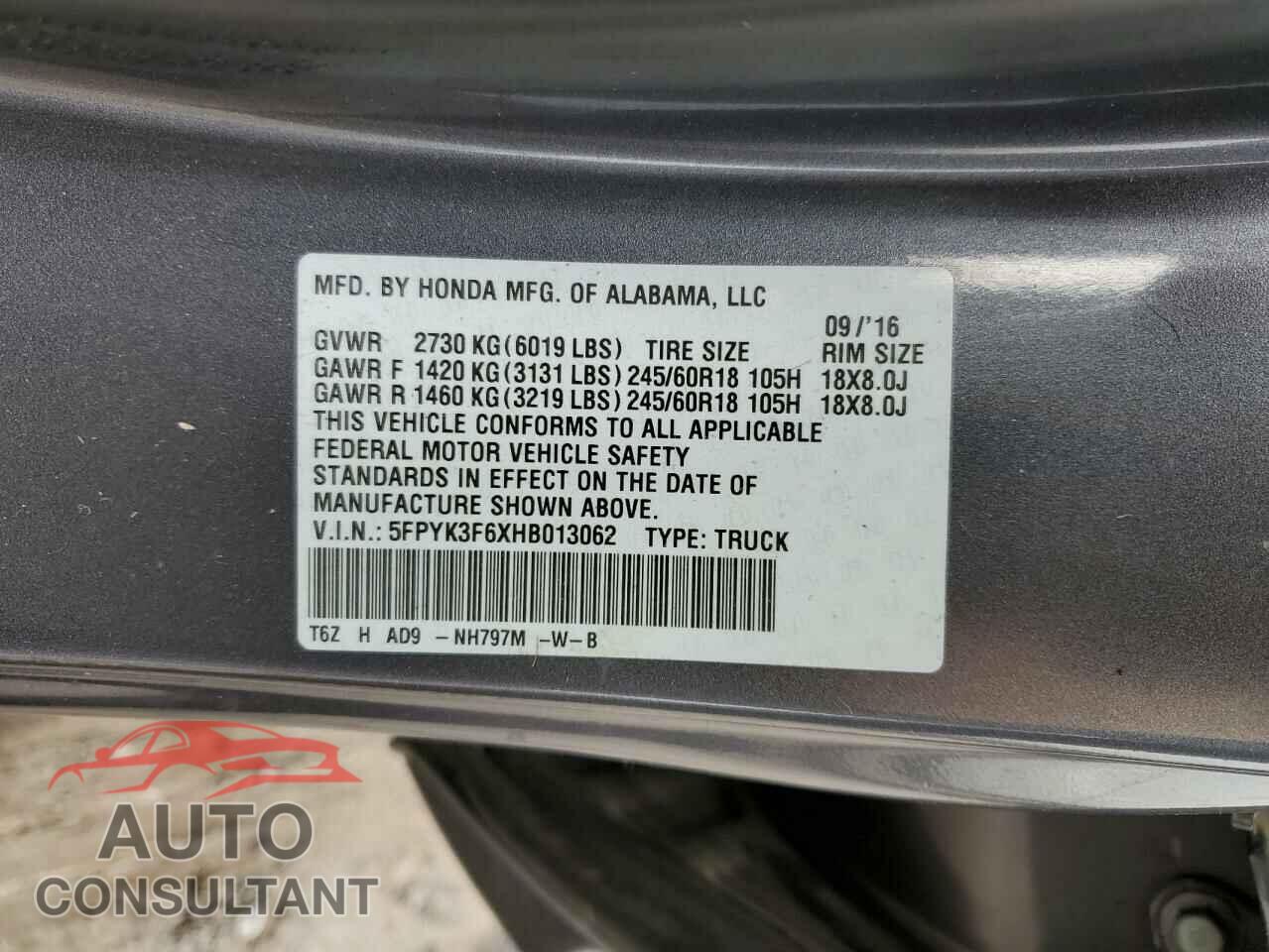 HONDA RIDGELINE 2017 - 5FPYK3F6XHB013062