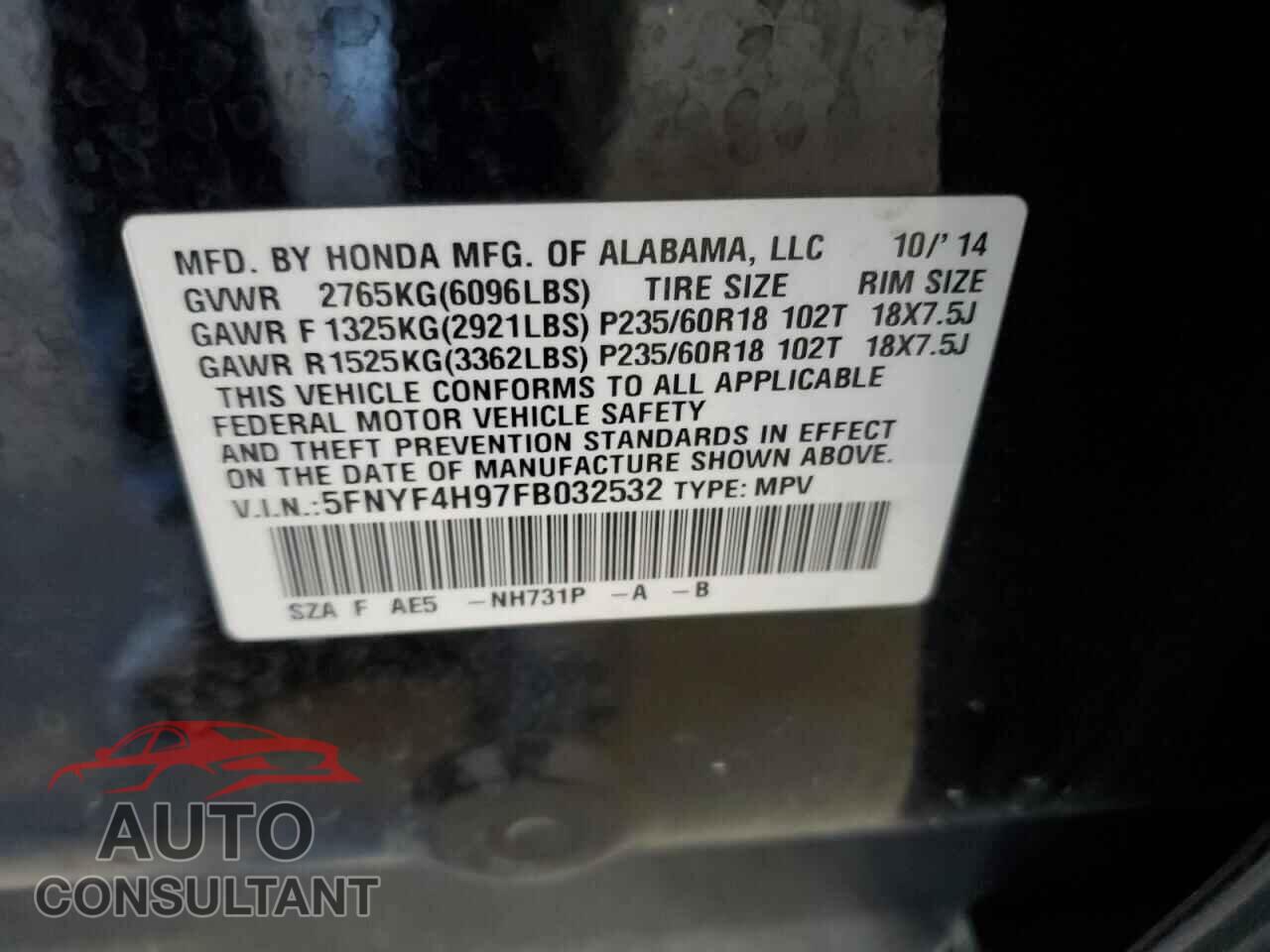 HONDA PILOT 2015 - 5FNYF4H97FB032532