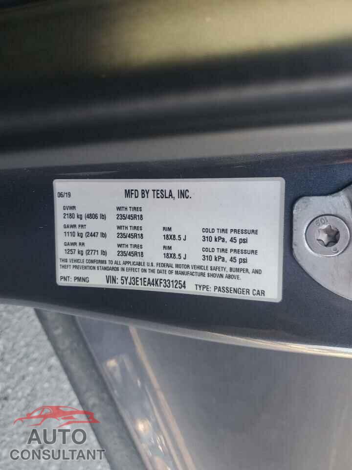 TESLA MODEL 3 2019 - 5YJ3E1EA4KF331254
