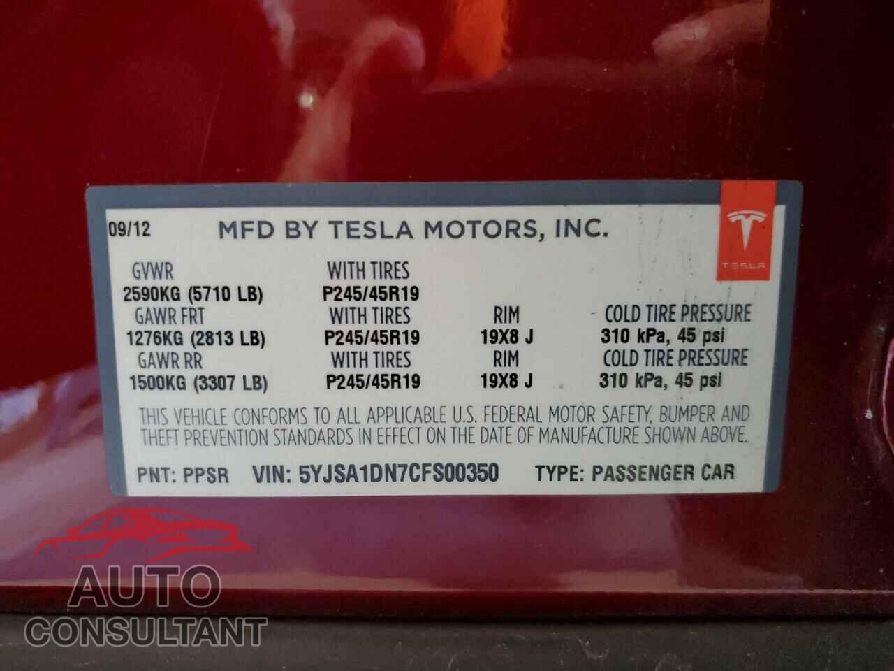 TESLA MODEL S 2012 - 5YJSA1DN7CFS00350