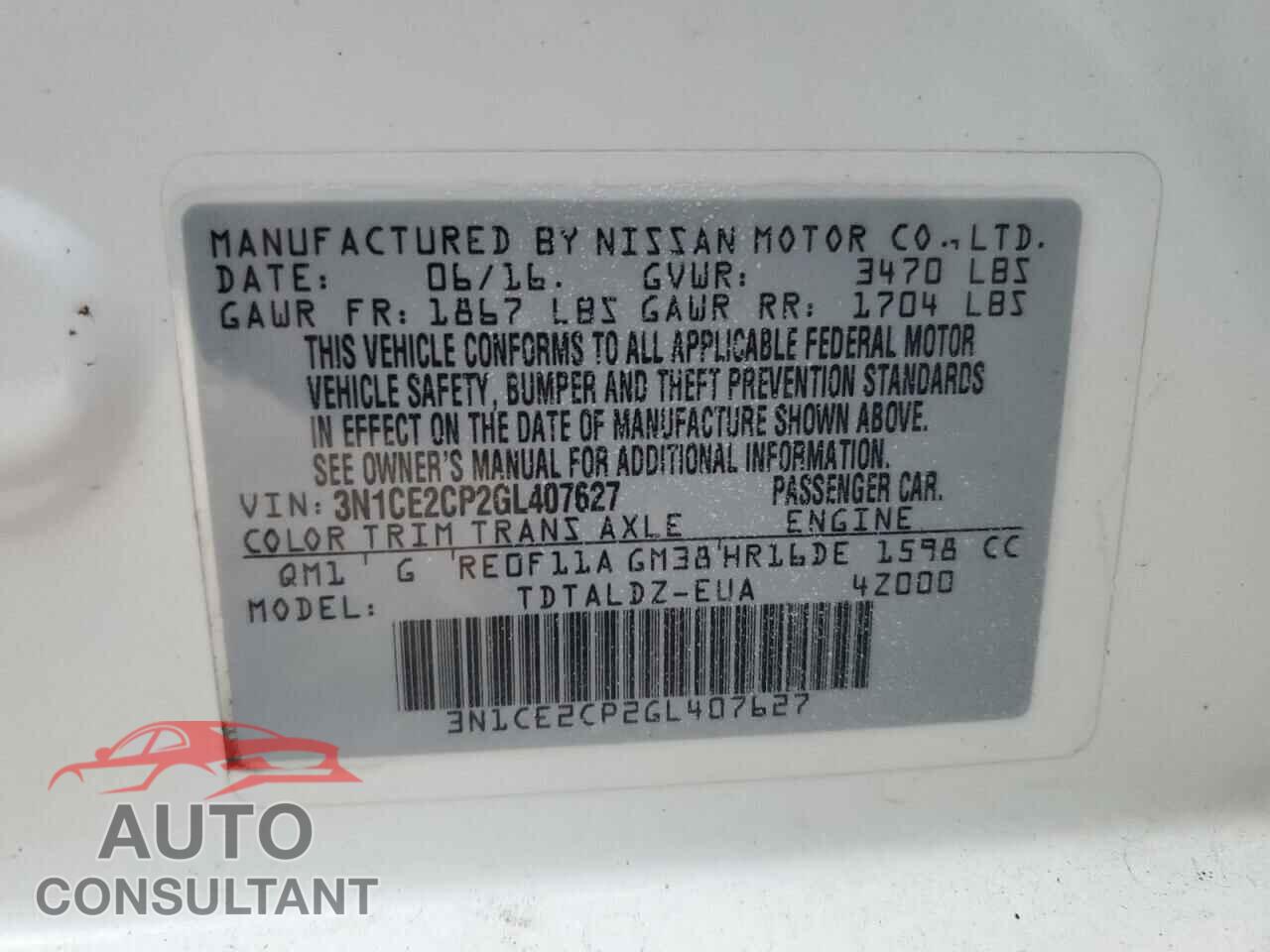 NISSAN VERSA 2016 - 3N1CE2CP2GL407627