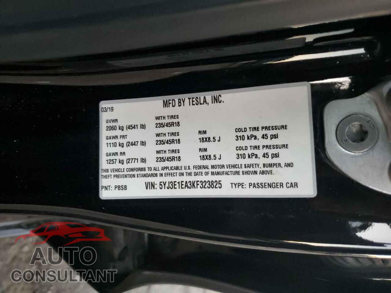 TESLA MODEL 3 2019 - 5YJ3E1EA3KF323825