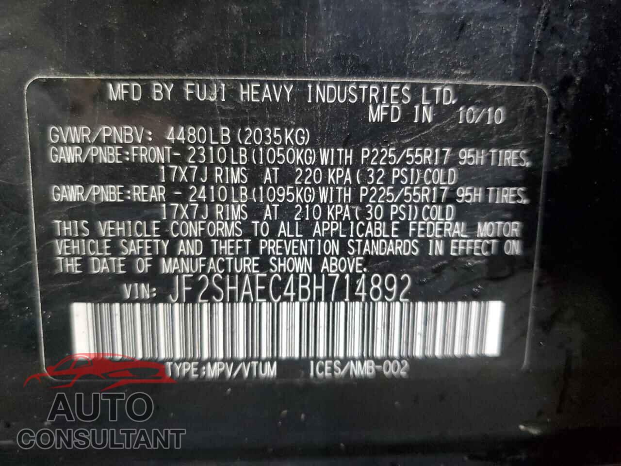 SUBARU FORESTER 2011 - JF2SHAEC4BH714892