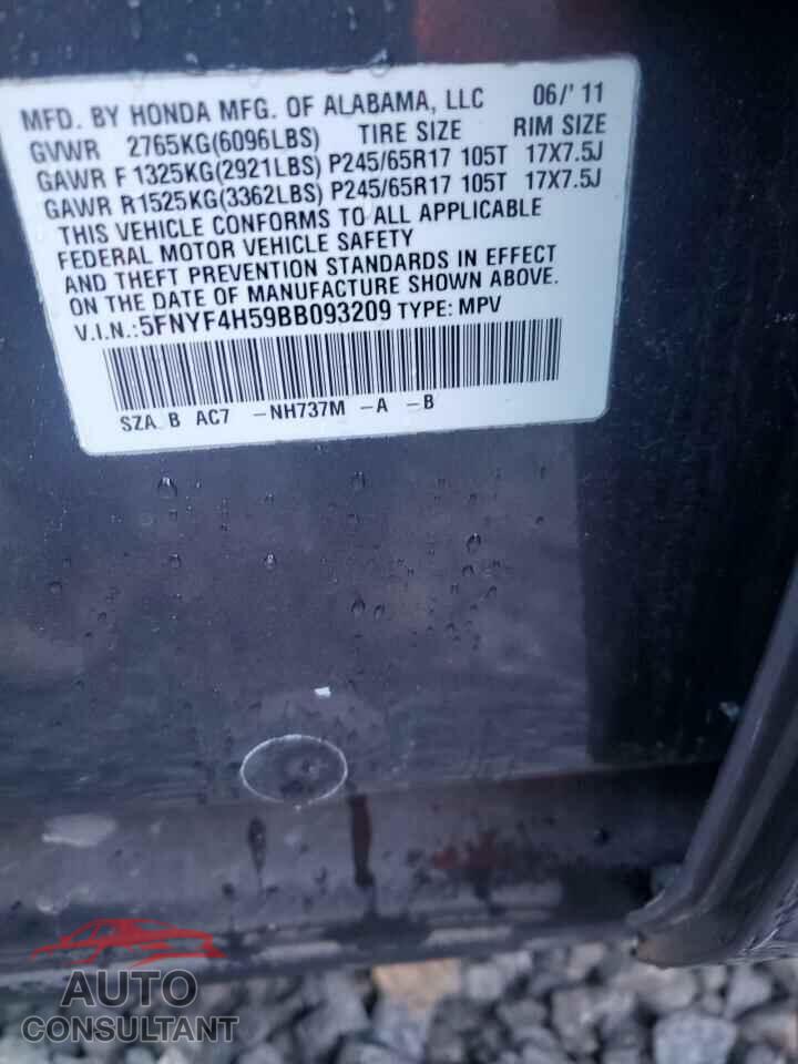 HONDA PILOT 2011 - 5FNYF4H59BB093209