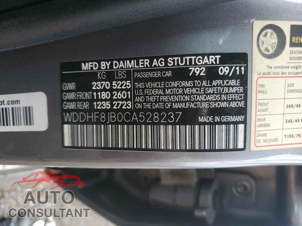 MERCEDES-BENZ E-CLASS 2012 - WDDHF8JB0CA528237