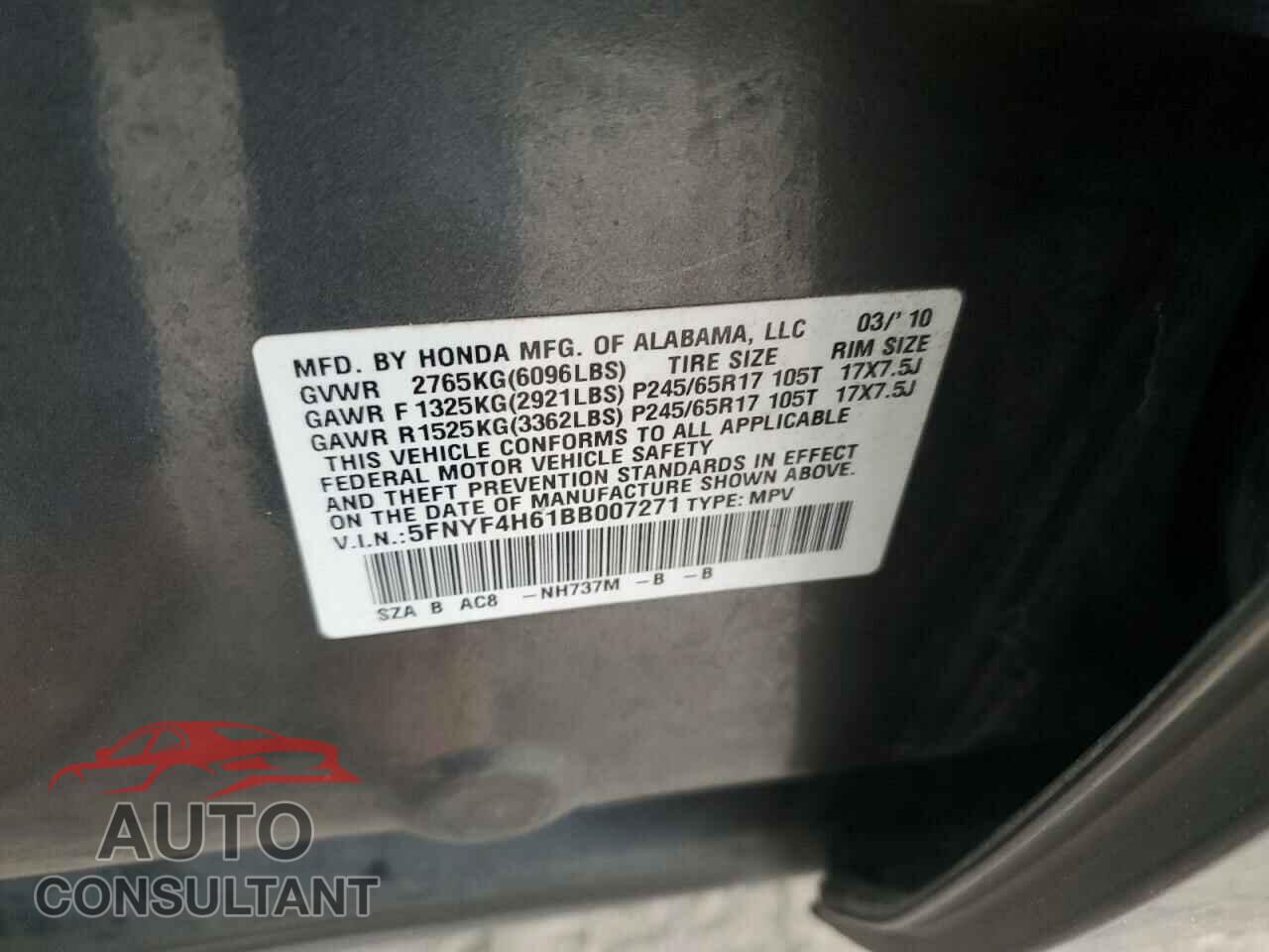 HONDA PILOT 2011 - 5FNYF4H61BB007271