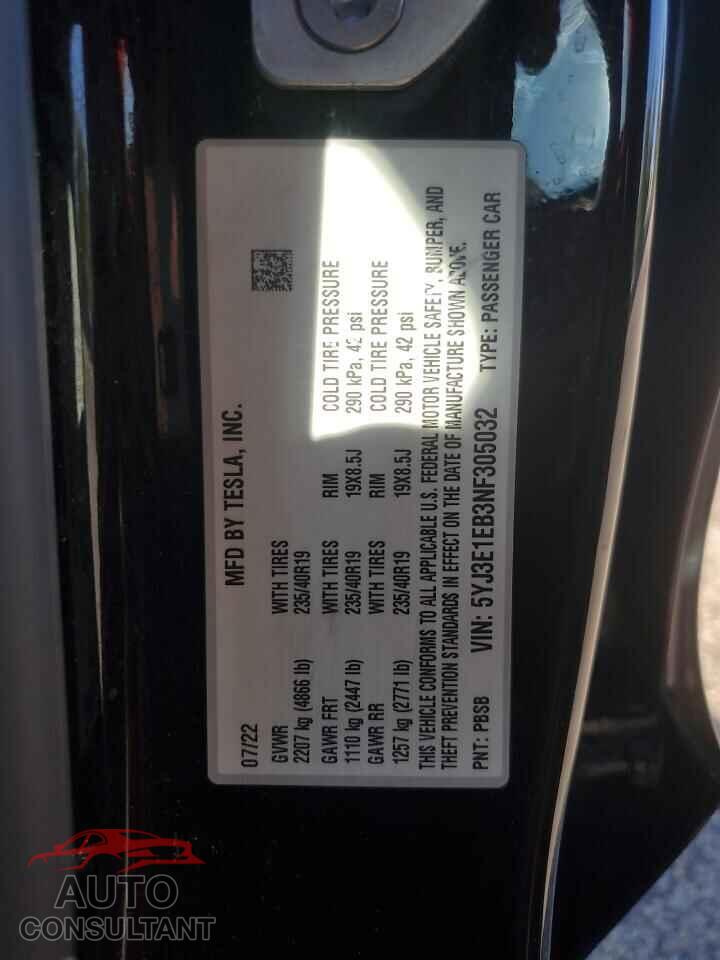 TESLA MODEL 3 2022 - 5YJ3E1EB3NF305032