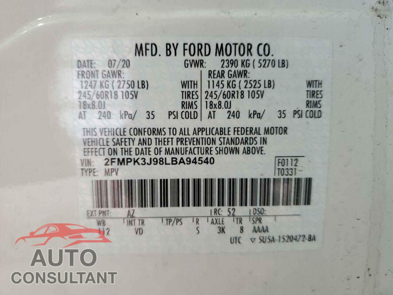FORD EDGE 2020 - 2FMPK3J98LBA94540
