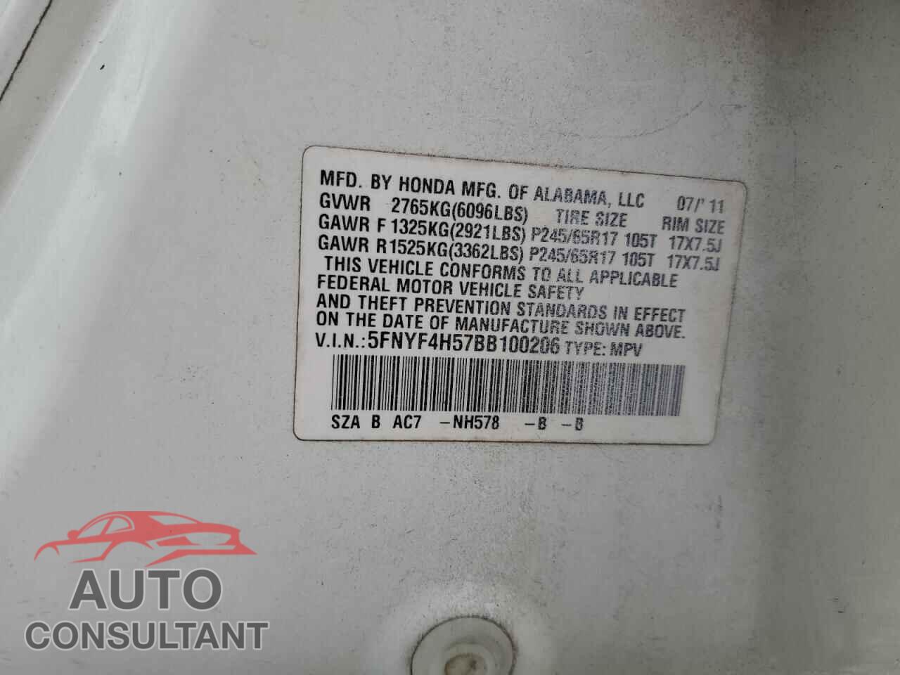 HONDA PILOT 2011 - 5FNYF4H57BB100206