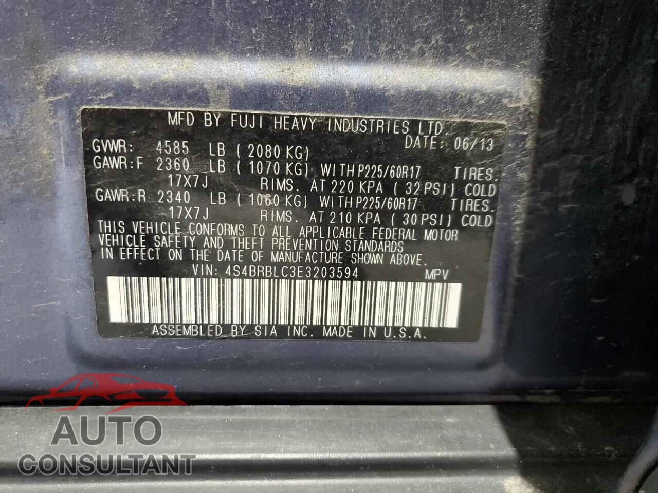 SUBARU OUTBACK 2014 - 4S4BRBLC3E3203594