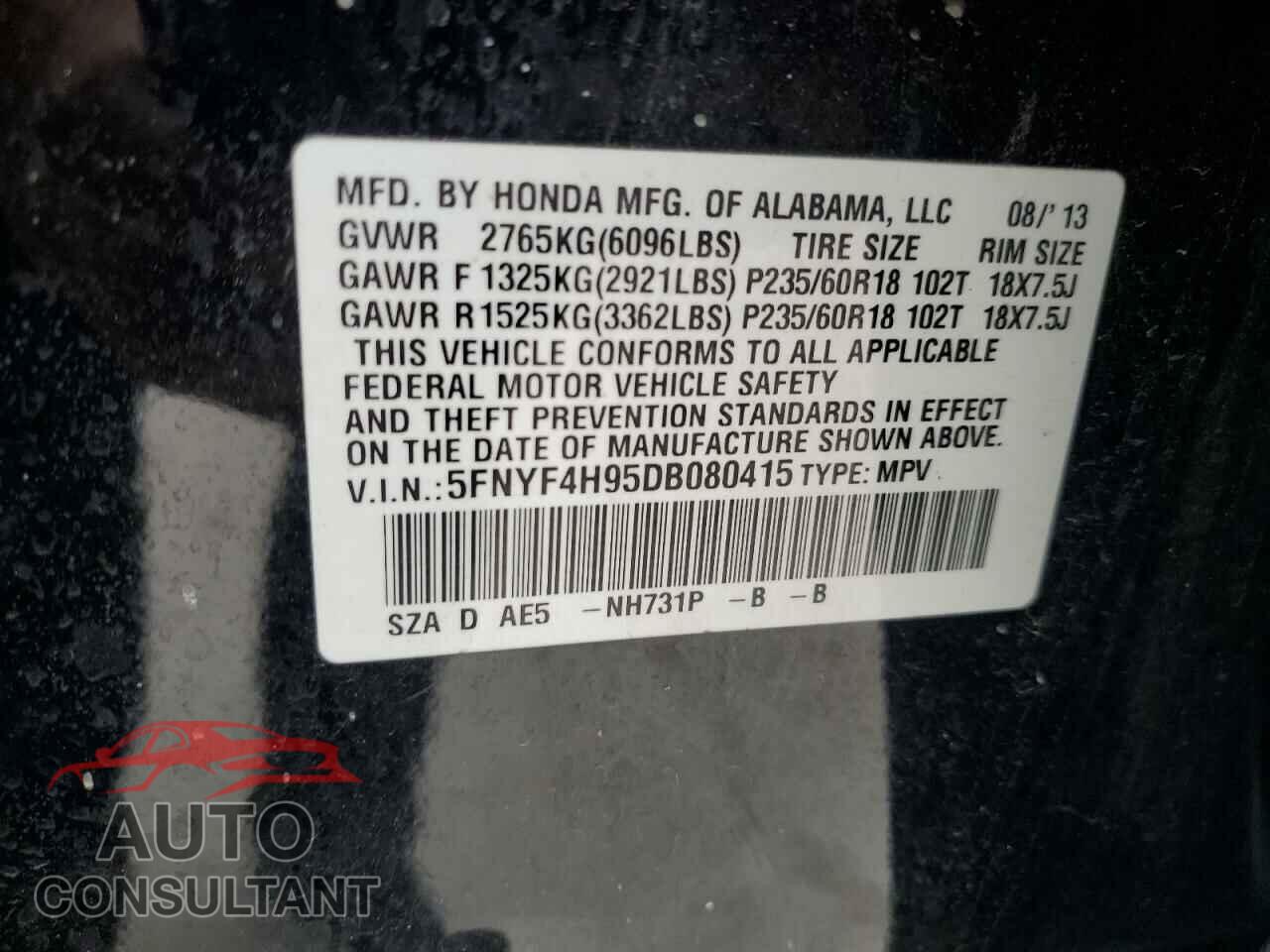 HONDA PILOT 2013 - 5FNYF4H95DB080415