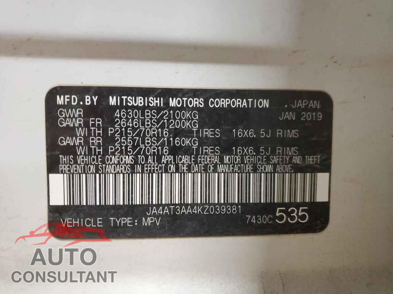 MITSUBISHI ECLIPSE 2019 - JA4AT3AA4KZ039381