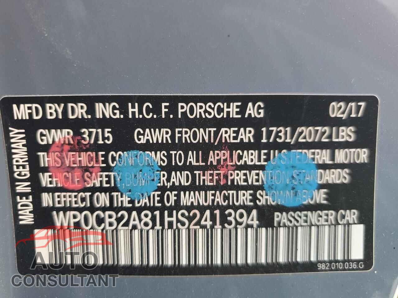 PORSCHE BOXSTER 2017 - WP0CB2A81HS241394