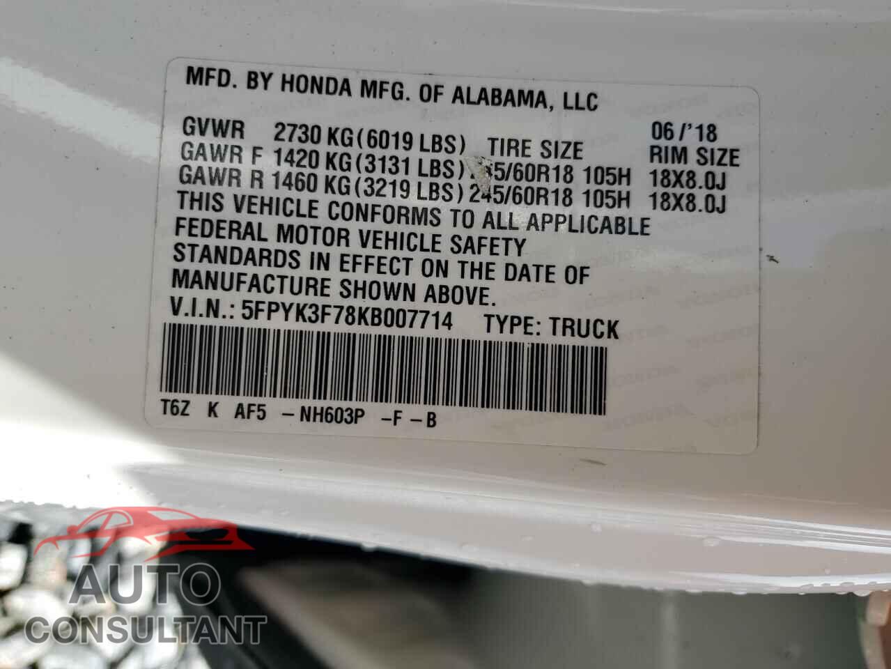 HONDA RIDGELINE 2019 - 5FPYK3F78KB007714
