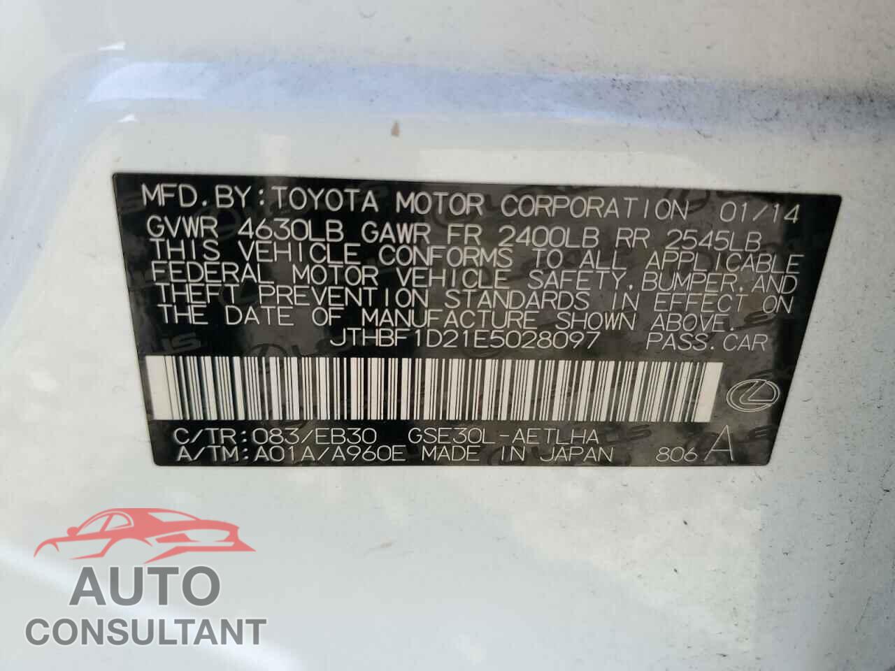 LEXUS IS 2014 - JTHBF1D21E5028097