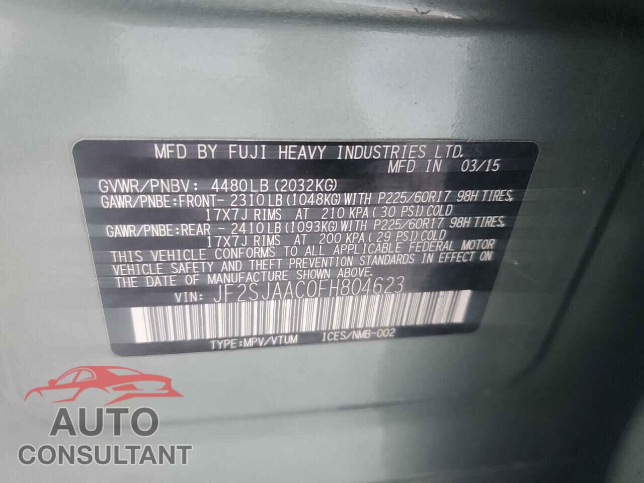 SUBARU FORESTER 2015 - JF2SJAAC0FH804623