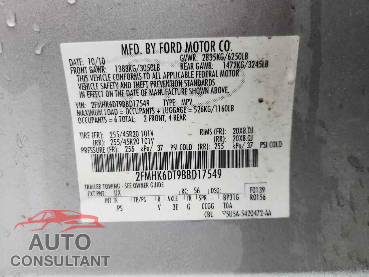FORD FLEX 2011 - 2FMHK6DT9BBD17549