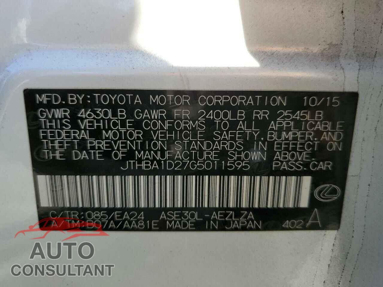 LEXUS IS 2016 - JTHBA1D27G5011595
