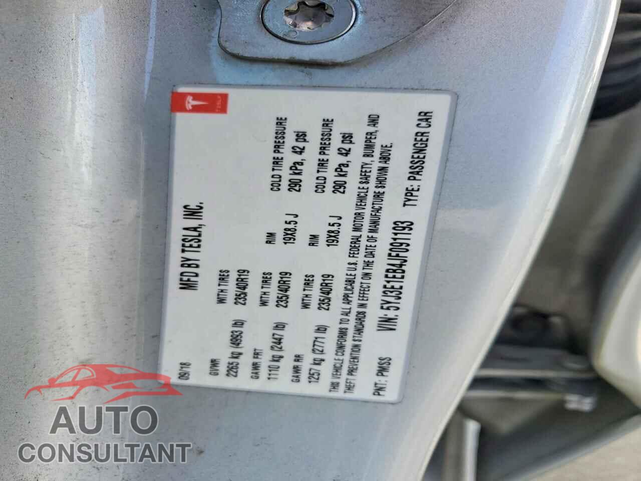 TESLA MODEL 3 2018 - 5YJ3E1EB4JF091193
