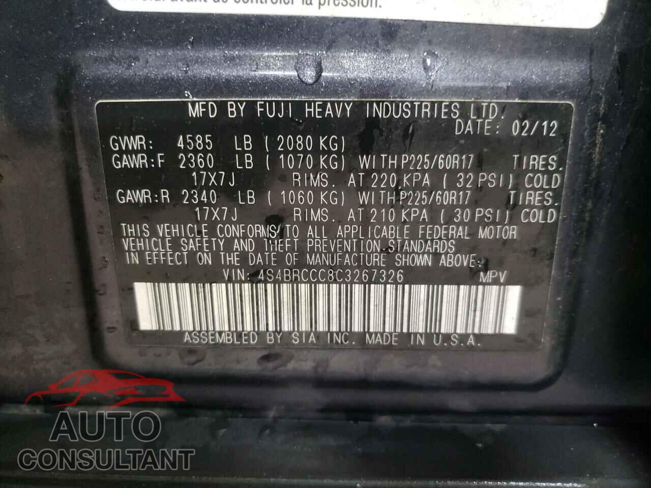 SUBARU OUTBACK 2012 - 4S4BRCCC8C3267326