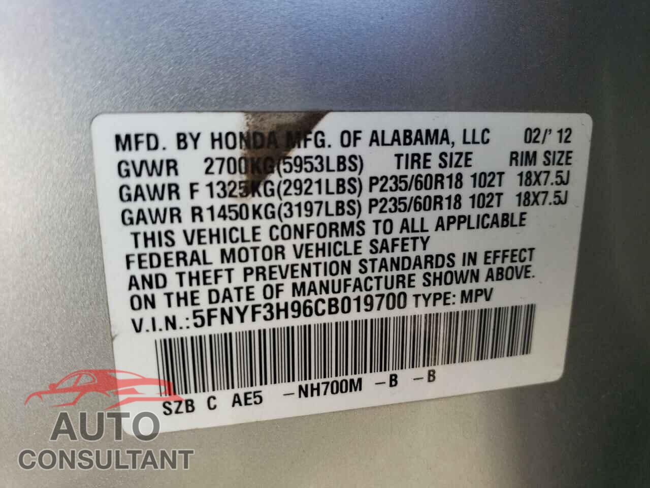 HONDA PILOT 2012 - 5FNYF3H96CB019700