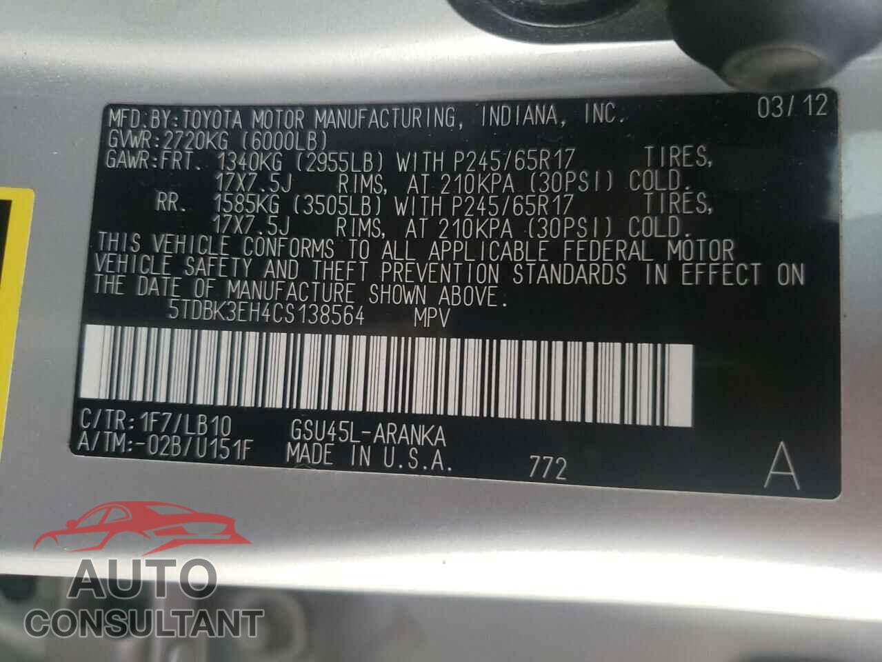 TOYOTA HIGHLANDER 2012 - 5TDBK3EH4CS138564