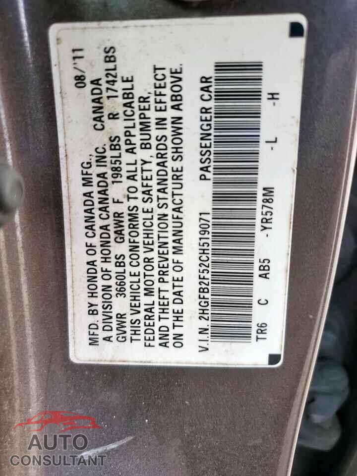 HONDA CIVIC 2012 - 2HGFB2F52CH519071