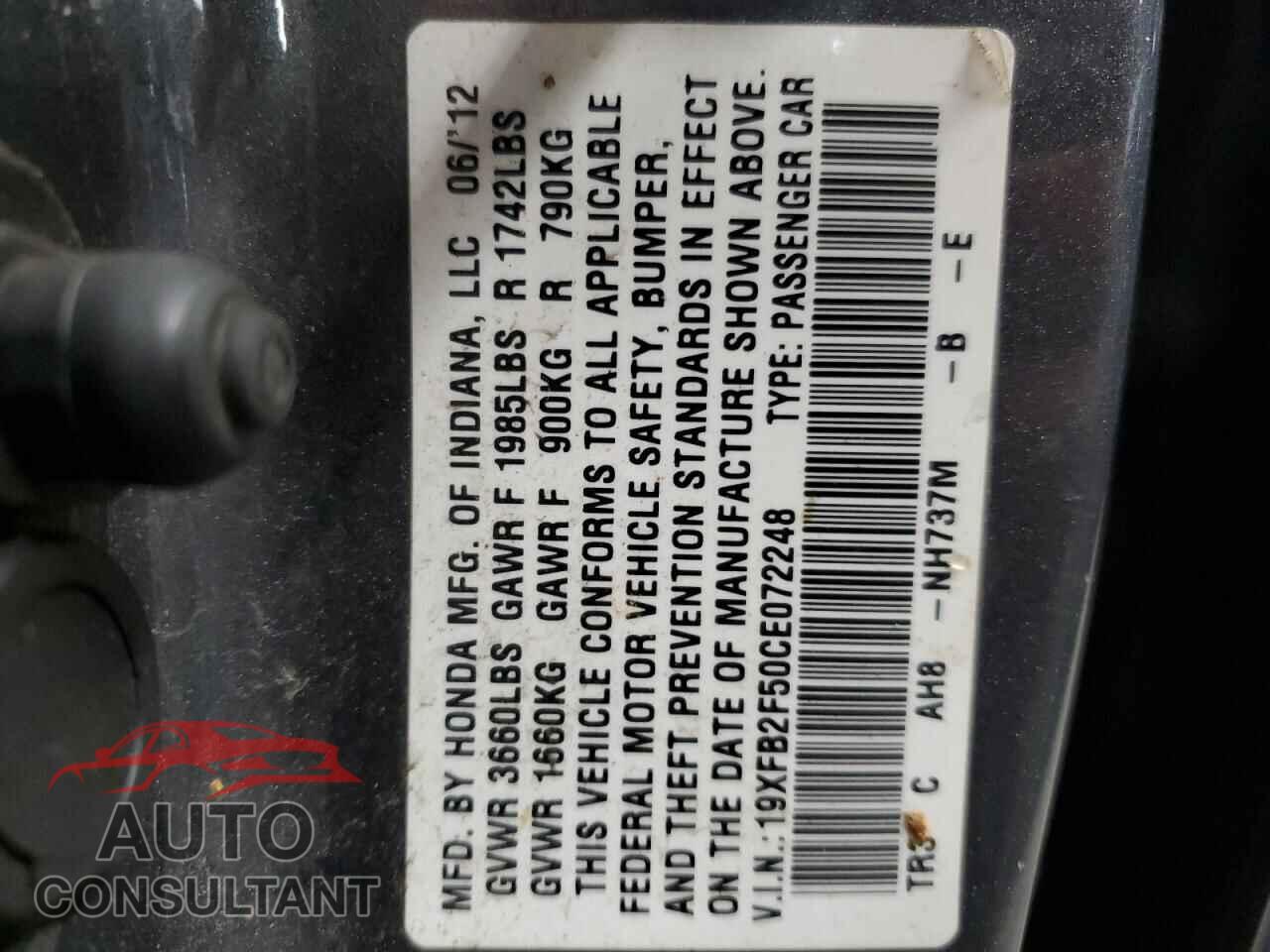 HONDA CIVIC 2012 - 19XFB2F50CE072248