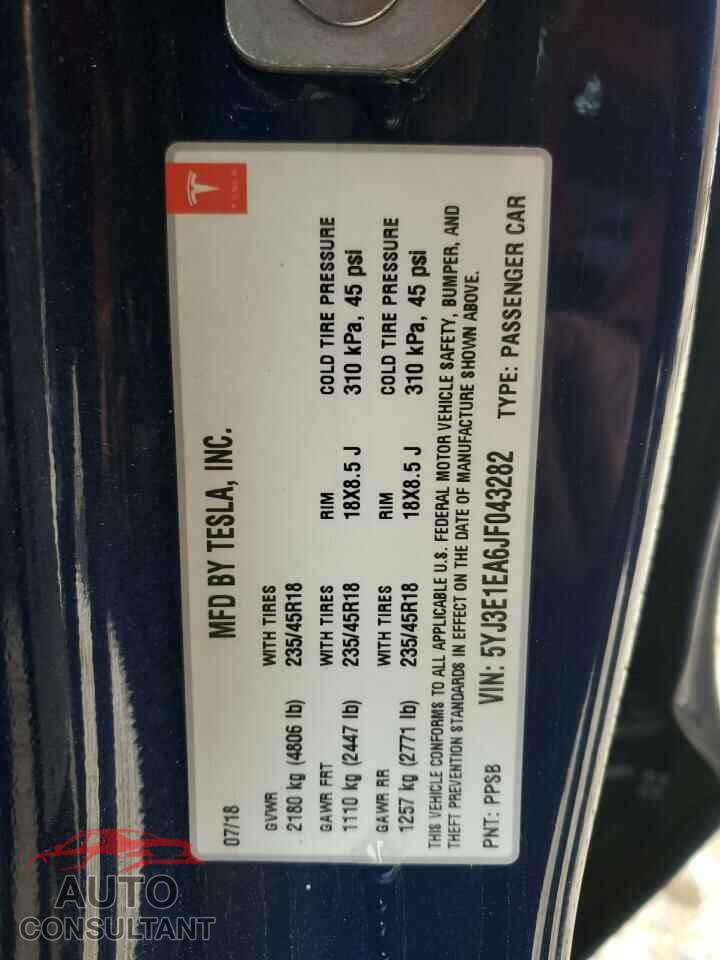 TESLA MODEL 3 2018 - 5YJ3E1EA6JF043282