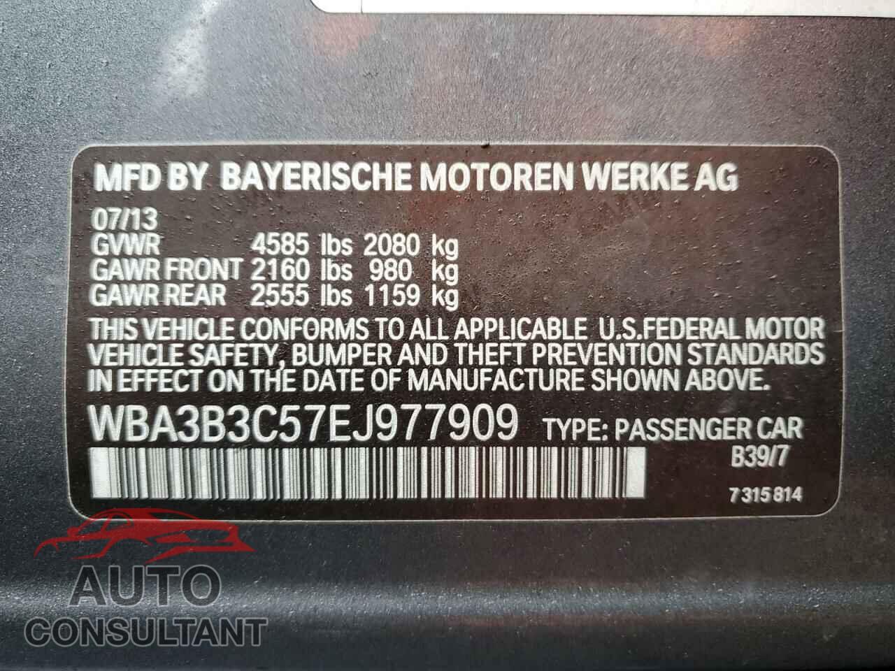 BMW 3 SERIES 2014 - WBA3B3C57EJ977909