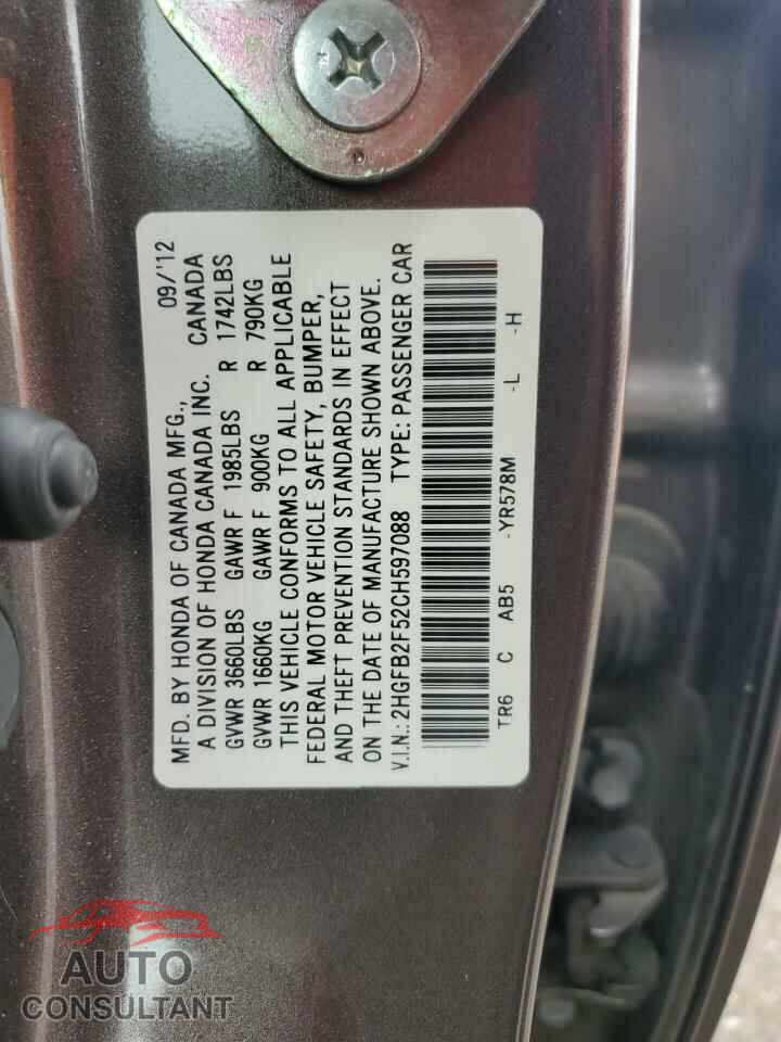 HONDA CIVIC 2012 - 2HGFB2F52CH597088