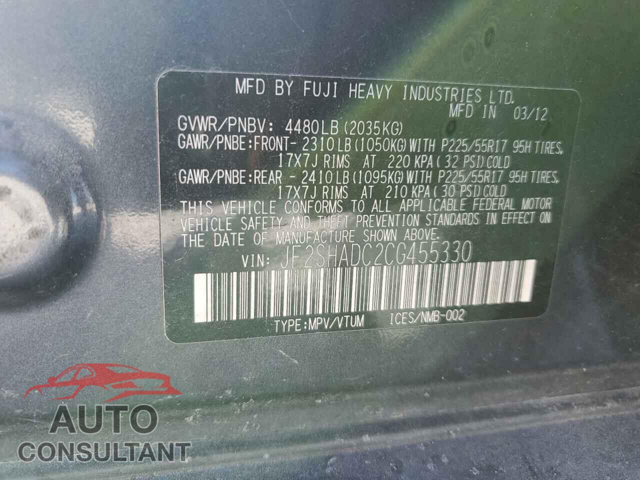 SUBARU FORESTER 2012 - JF2SHADC2CG455330