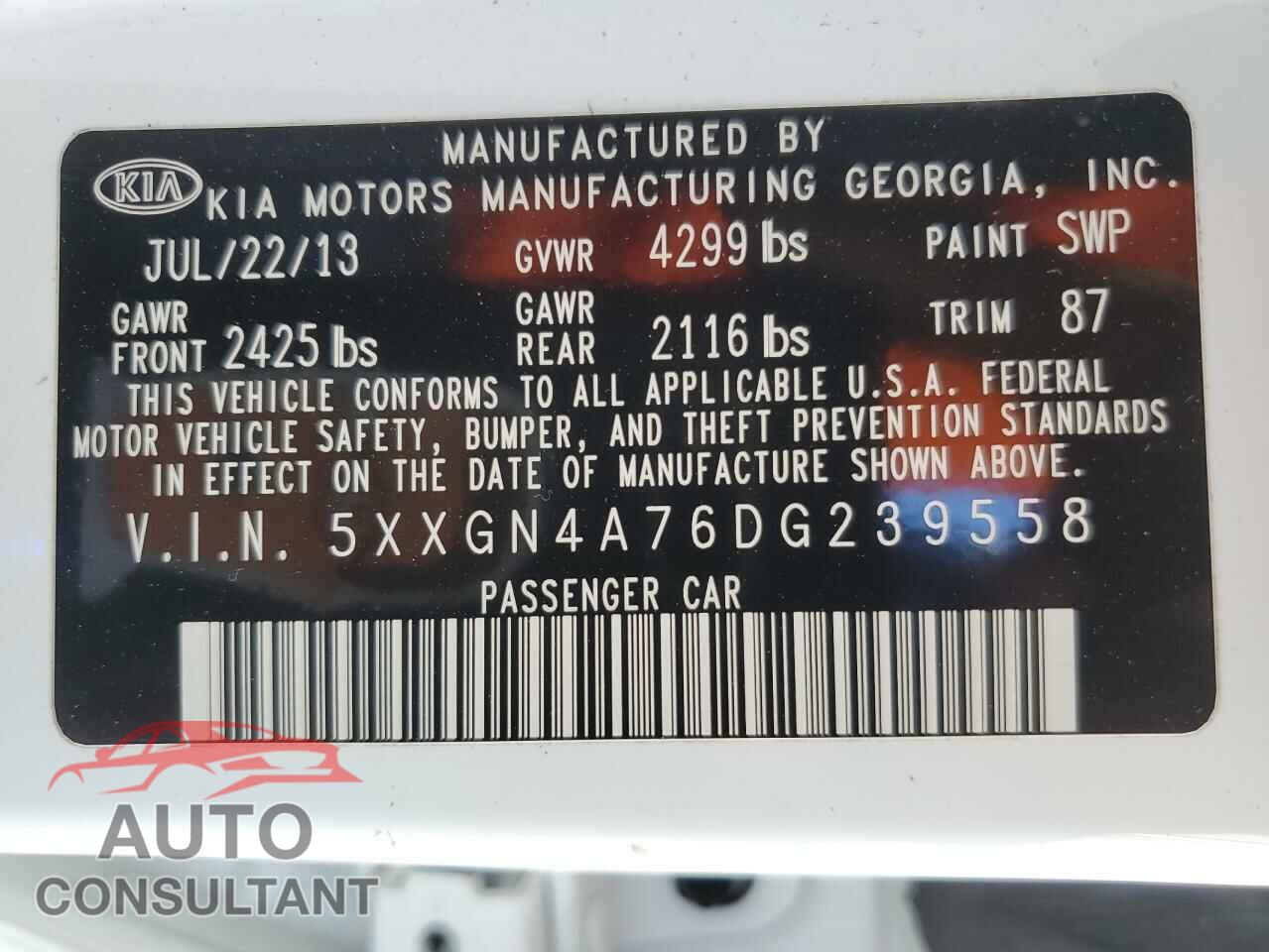 KIA OPTIMA 2013 - 5XXGN4A76DG239558