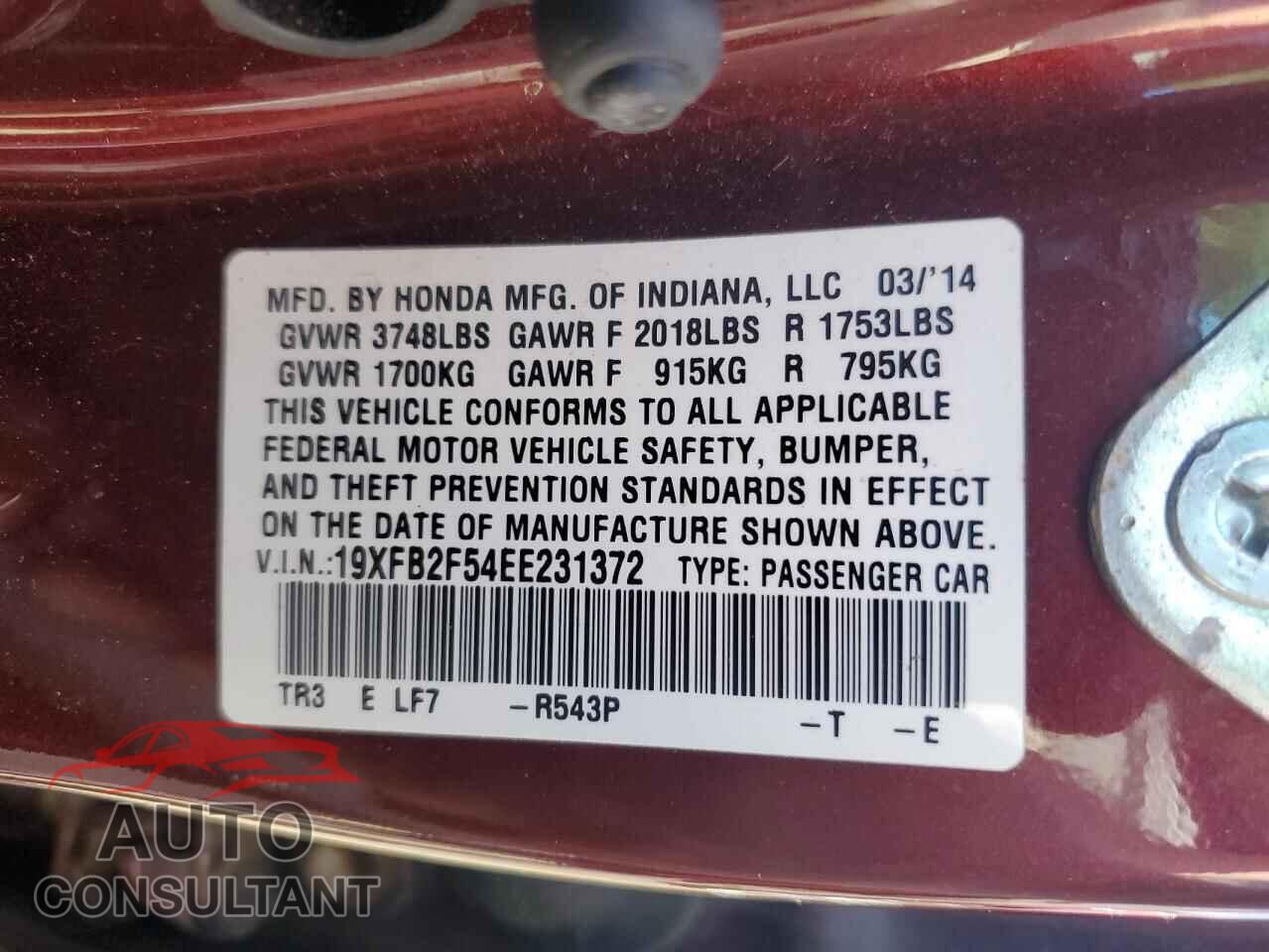HONDA CIVIC 2014 - 19XFB2F54EE231372
