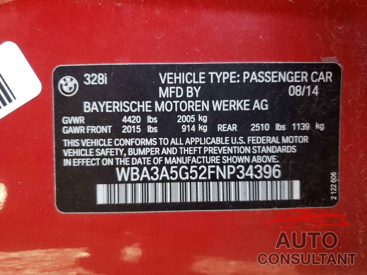 BMW 3 SERIES 2015 - WBA3A5G52FNP34396