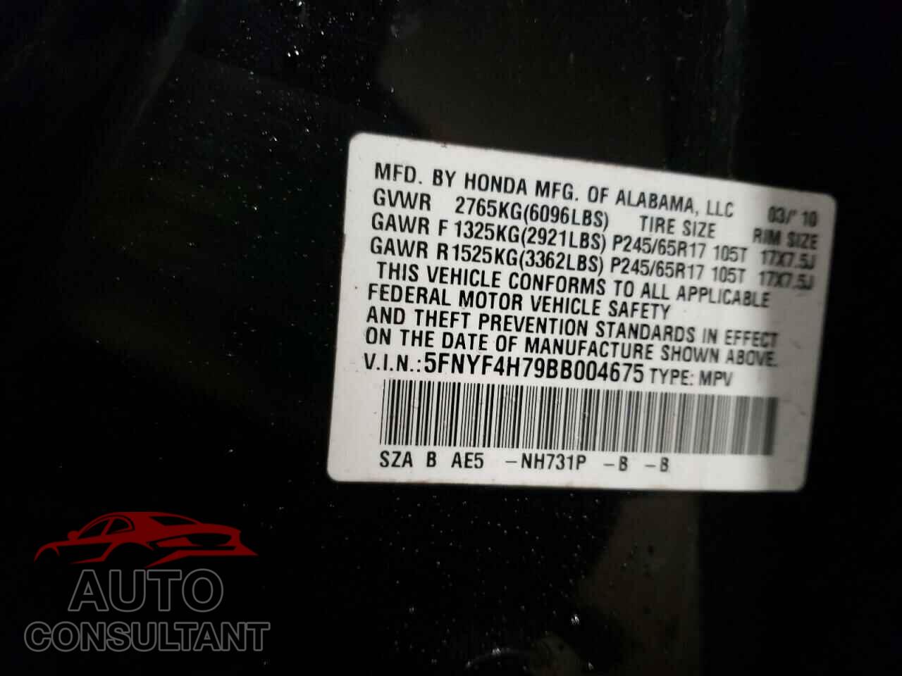 HONDA PILOT 2011 - 5FNYF4H79BB004675