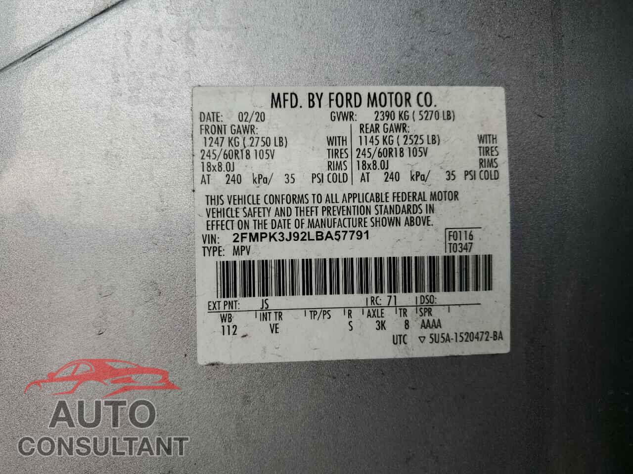 FORD EDGE 2020 - 2FMPK3J92LBA57791