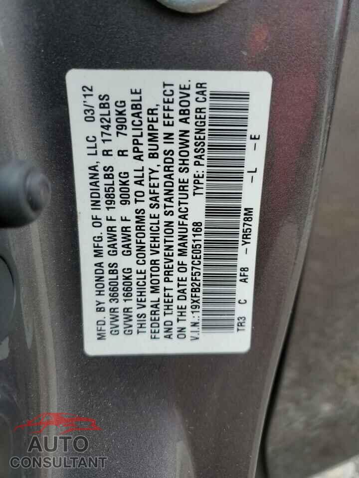 HONDA CIVIC 2012 - 19XFB2F57CE051168
