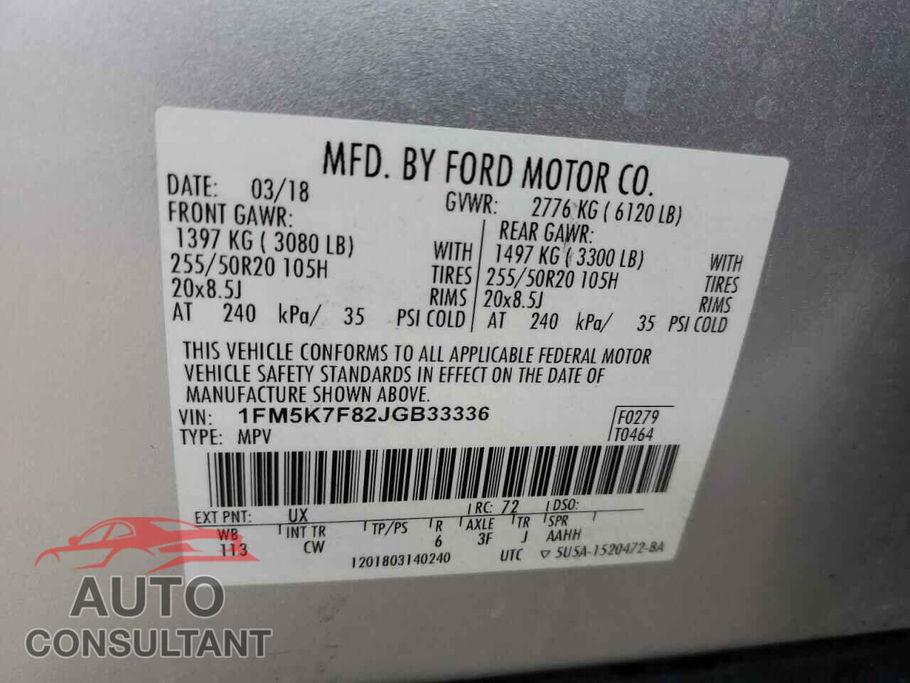 FORD EXPLORER 2018 - 1FM5K7F82JGB33336