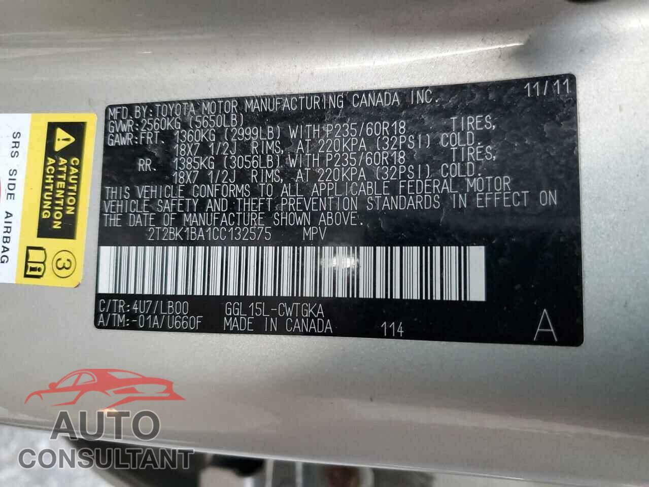 LEXUS RX350 2012 - 2T2BK1BA1CC132575