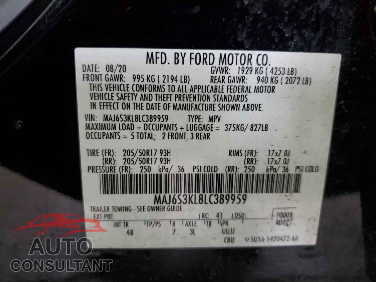 FORD ECOSPORT 2020 - MAJ6S3KL8LC389959
