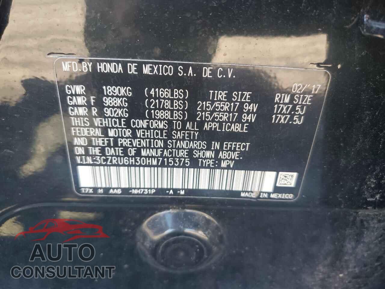 HONDA HR-V 2017 - 3CZRU6H30HM715375